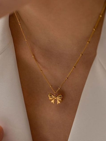 Cute Gold Bow Charm Necklace for Women